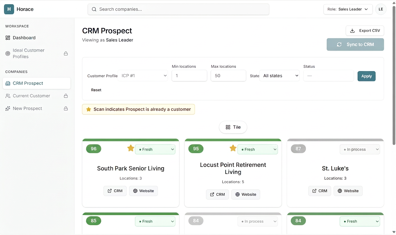 Horace CRM Prospect dashboard